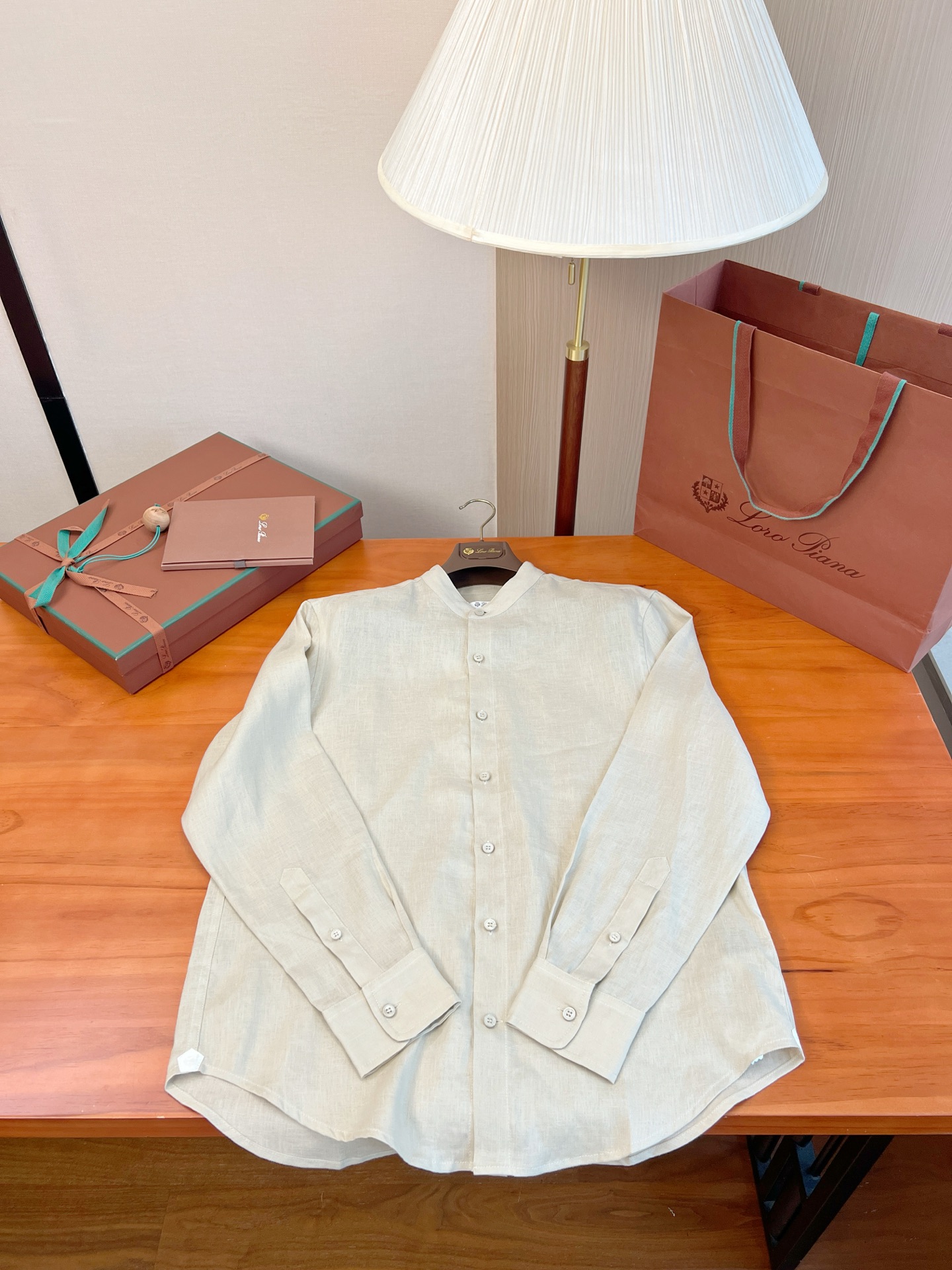 loro piana mandarin collar pure linen long sleeve shirt